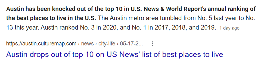 News Article about Austin Dropping out of Top Ten Spots