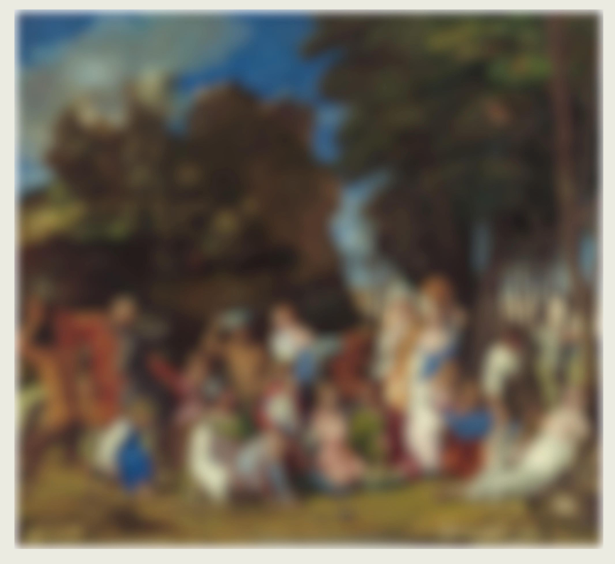 Blurred image of Bellini and Titian’s ‘The Feast of the Gods’ — first stage of the progressive jigsaw