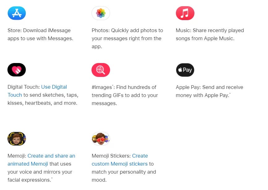 A screenshot of apps that are automatically in the iMessage app drawer: AppStore, Photos, Music, Digital Touch, images search, ApplePay, Memoji, Memoji Stickers
