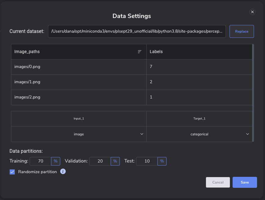 Figure 5: Data Settings in PerceptiLabs