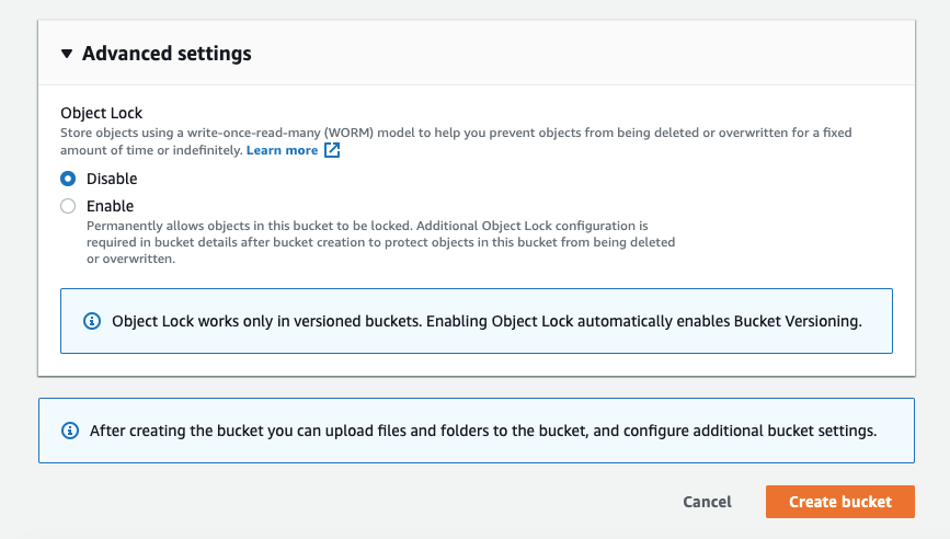 Creating a bucket — Object locking