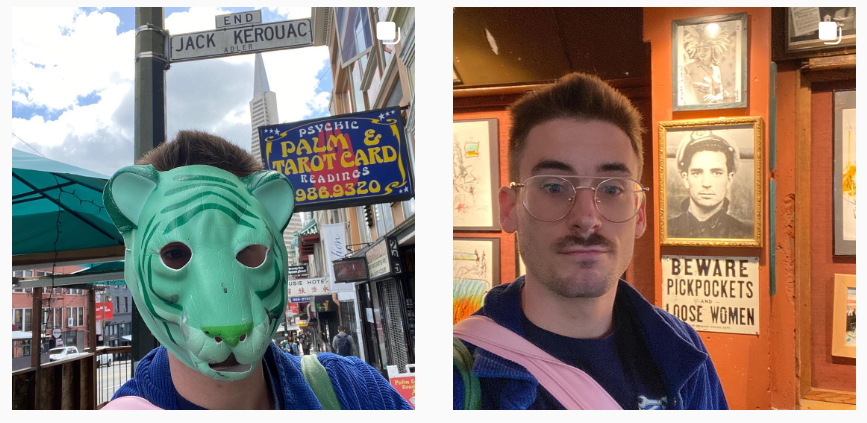 person in tiger mask in Jack Kerouac Alley, person with mustache with Jack Kerouac photo in Vesuvio Cafe