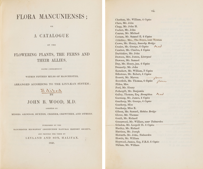 Two adjacent images. On the left a printed title-page. On the right a partial list of subscribers including the botanist Leo Hartley Grindon.