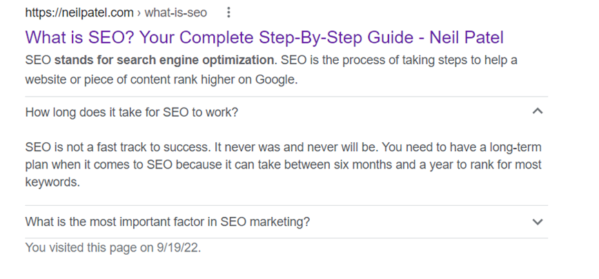 Neilpatel.com page ranking in the search result page for the keyword “what is SEO”