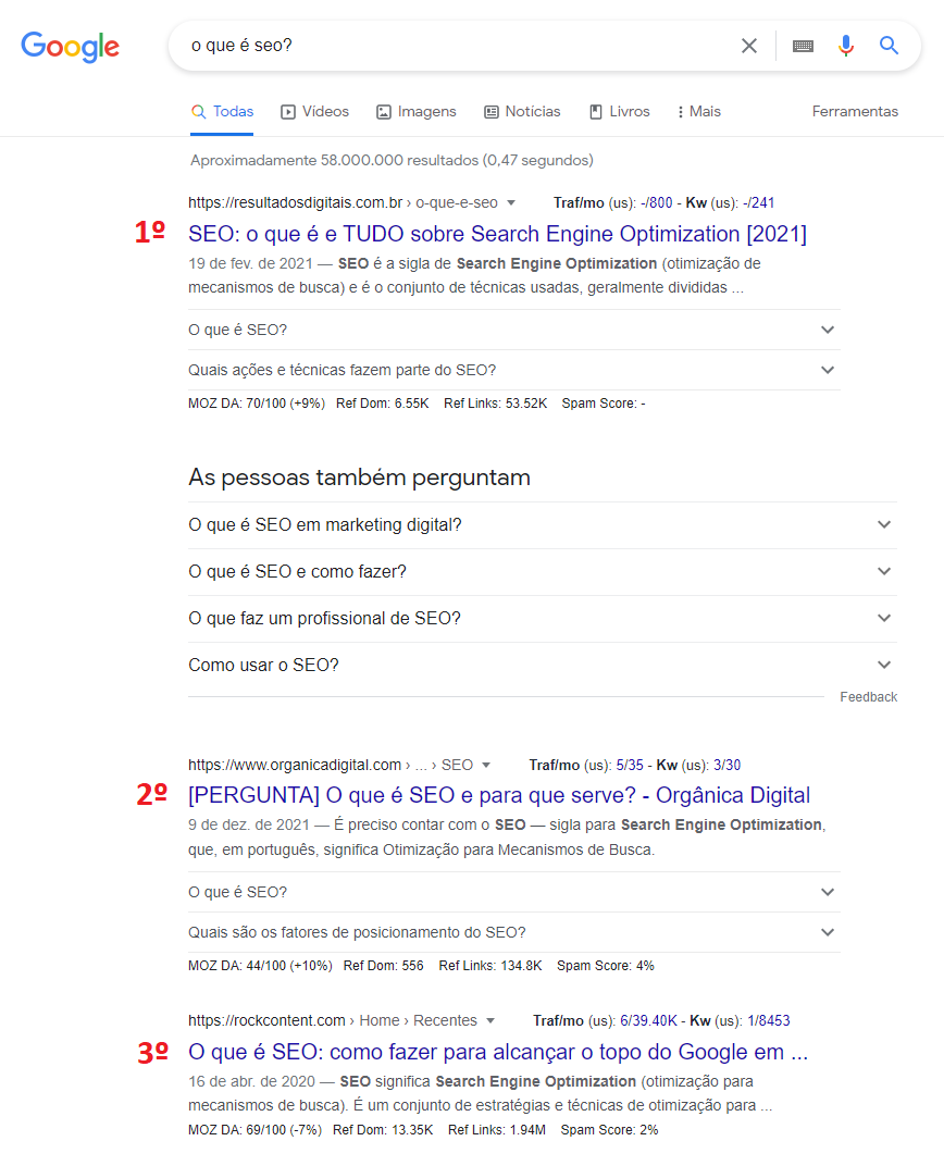 Print da página de resultados do Google para a pesquisa “O que é SEO?” em 09 de março de 2022.
