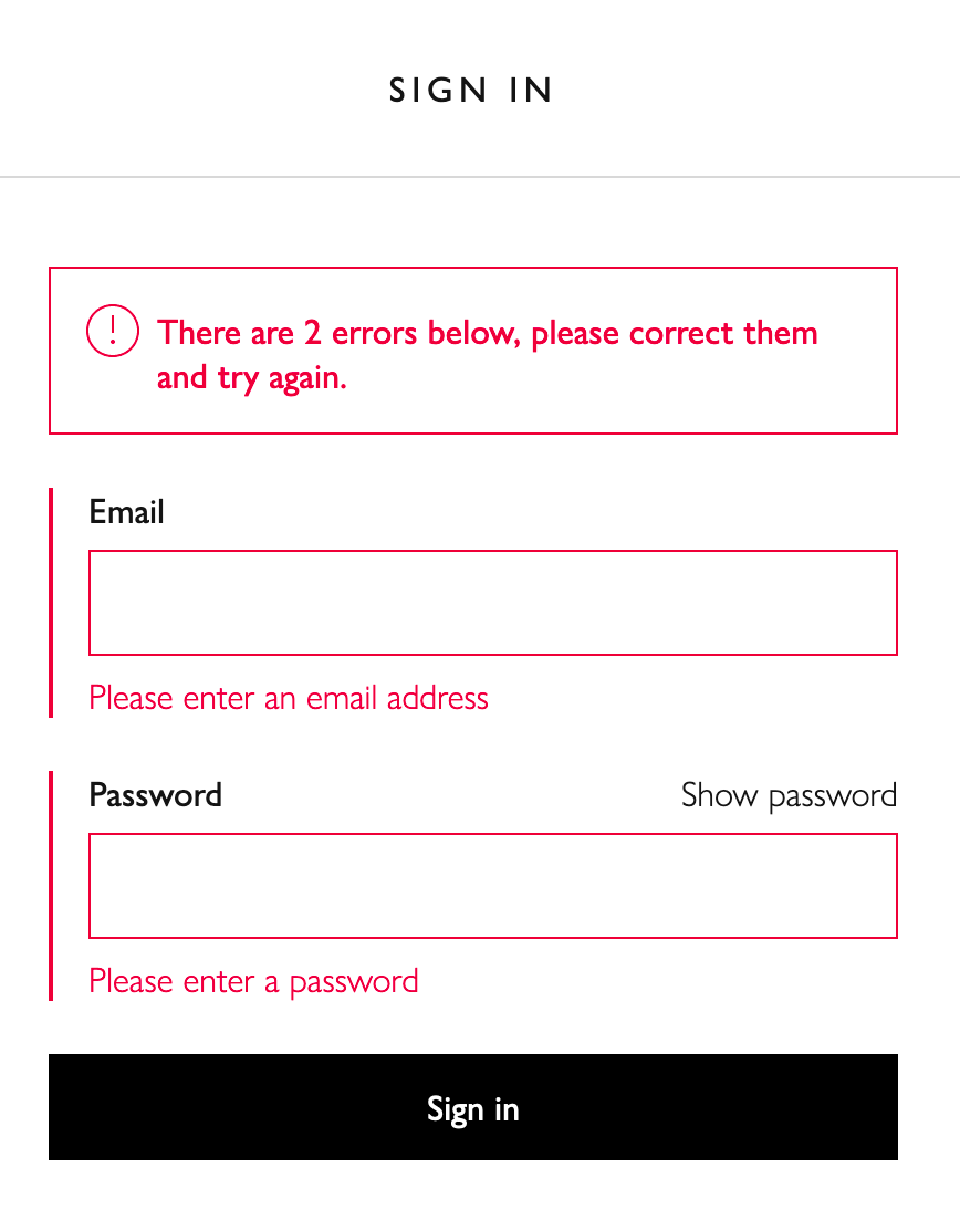 Sign in form with title, email, password and sign in button, showing errors to the user, with a message explaining there are 2 errors below, please correct them and try again.