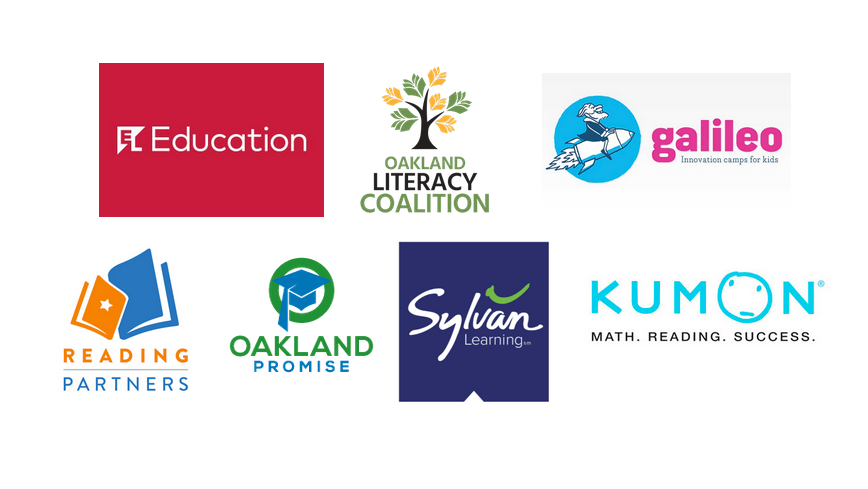 Logos of EL Education, Reading Partners, Oakland Literacy Coalition, Oakland Promise, Sylvan Learning and Kumon.