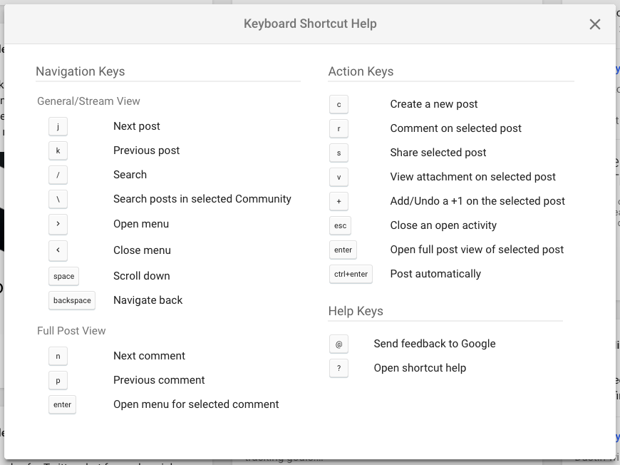 Google+ Keyboard Shortcuts