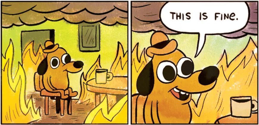 This is fine meme — dog surrounded by burning house and fire around drinking a coffee.