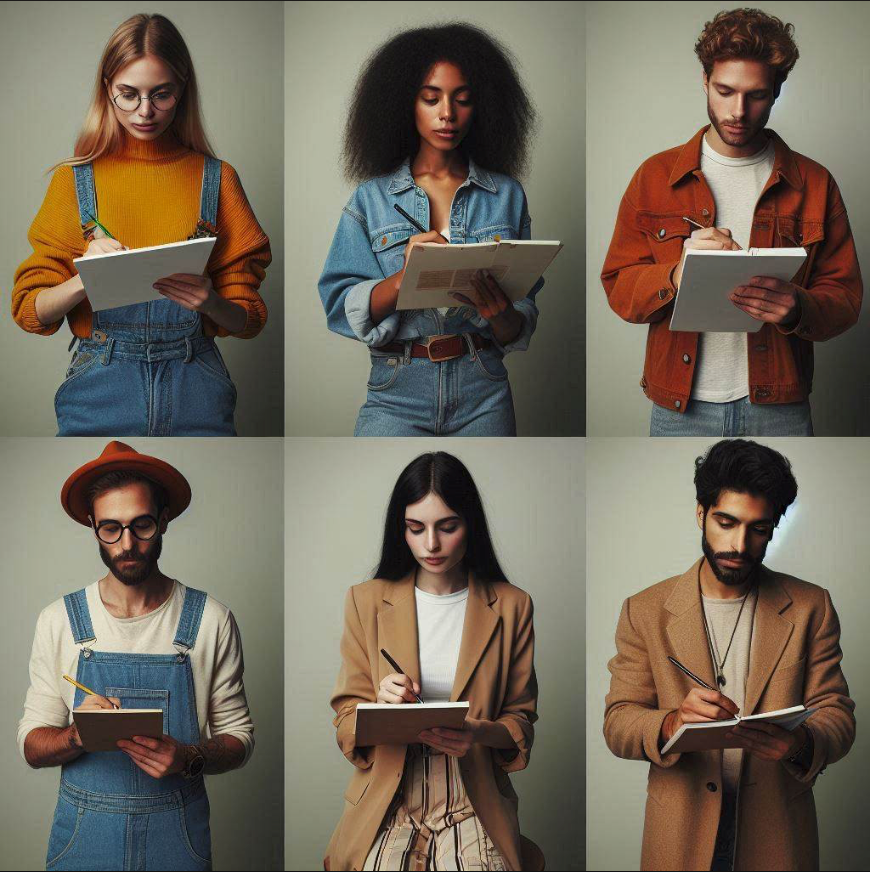 A group of male and female designers, each in separate shots. They are all engaged in writing a list of words. They are dressed in fashionable attire.