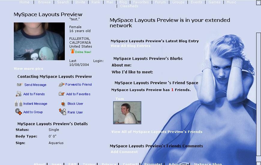 A profile from MySpace showing some information and a picture of Gwen Stefani in the background