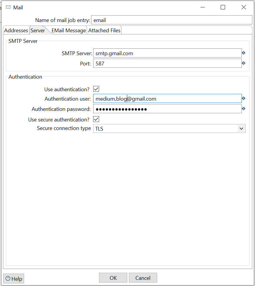 Server setting in Mail Step Screenshot