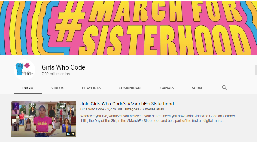 Foto da página inicial do canal Girls Who Code no Youtube.