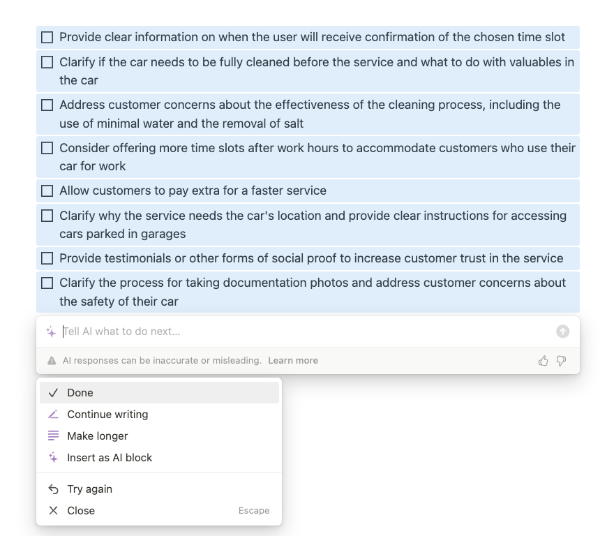 Screenshot of Notion, where AI has generated action points summarizing user research notes.
