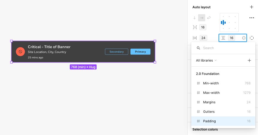 Image showing a system banner UI component in Figma that includes margins, padding, and gap values using the breakpoint variables.