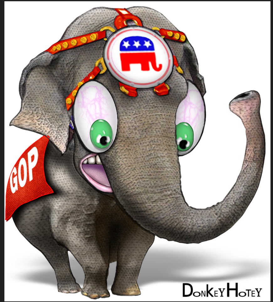 Cartoon of a Republican elephant looking frightened.