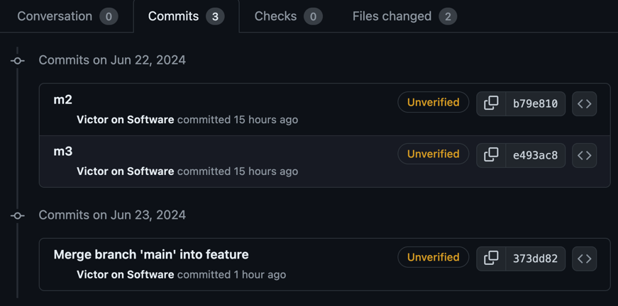 GitHub view of commits from feature-update branch that will merge into feature branch