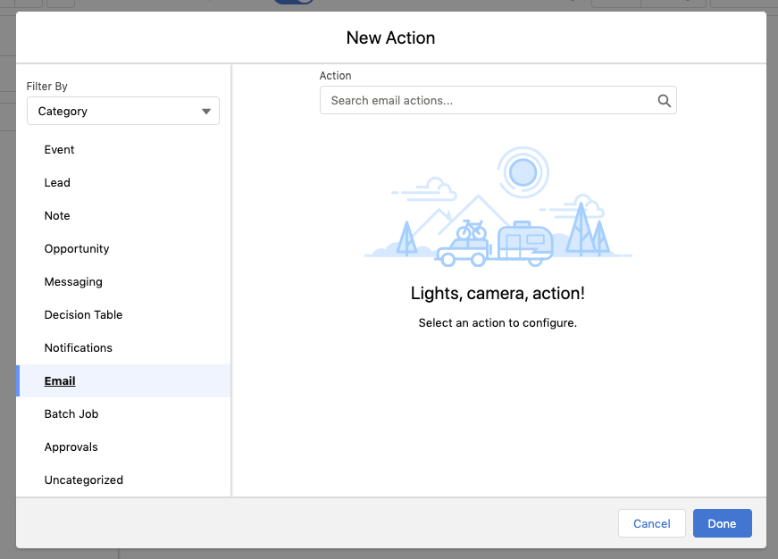 New Action flow screen.