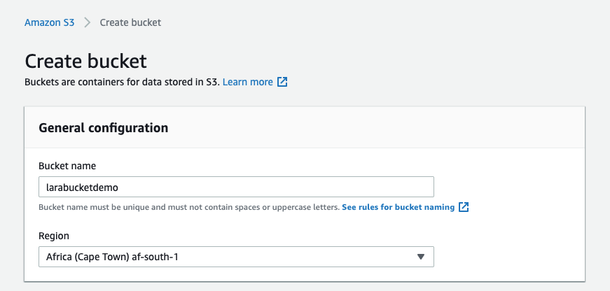 Creating a bucket — Set bucket name and region