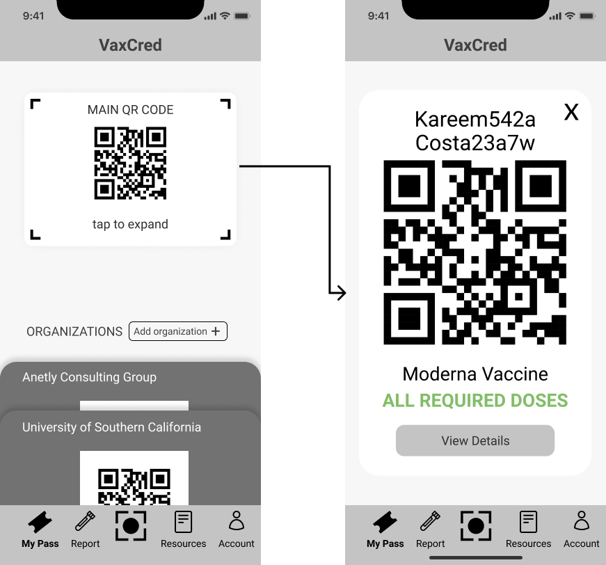 2 Wireframe mockups of vaccine credential app. Left mockup shows homepage with a QR code, and lists two organizations with custom QR codes. Right mockup shows enlarged QR code.