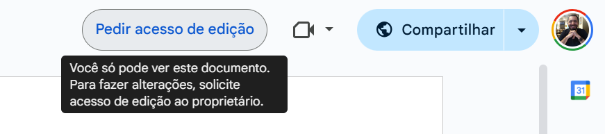 Captura de tela do google documentos, onde tem o modal avisando que não tem acesso ao modo de edição do documento e avisando para solicitar acesso ao editor.