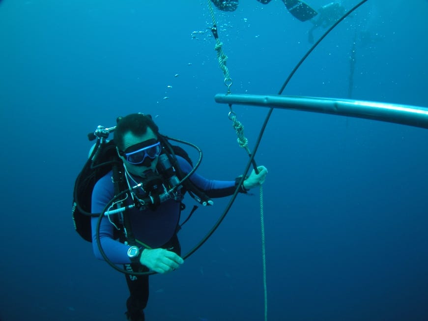 A diver holds onto a rope in the deep blue underwater.