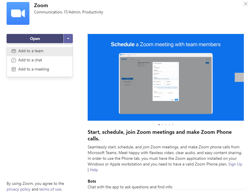 Add Zoom app to a team in Microsoft Teams