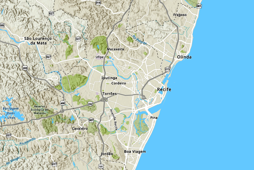 Mapa físico e político contemporâneo da região metropolitana do Recife com rodovias e limites municipais.