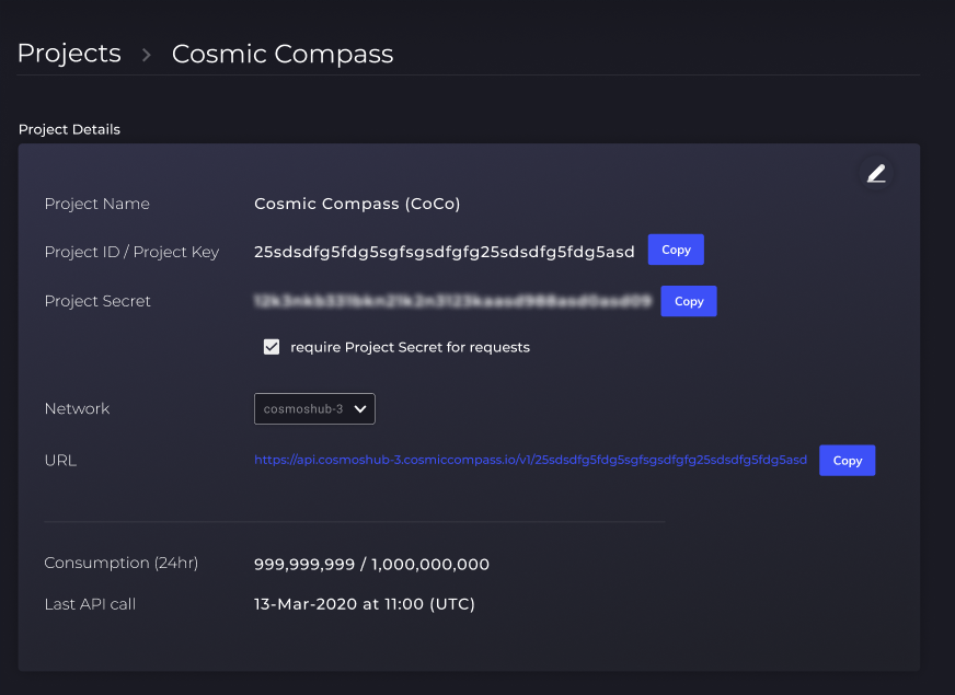 a screenshot of a single project as visualized in the Cosmic Compass Console