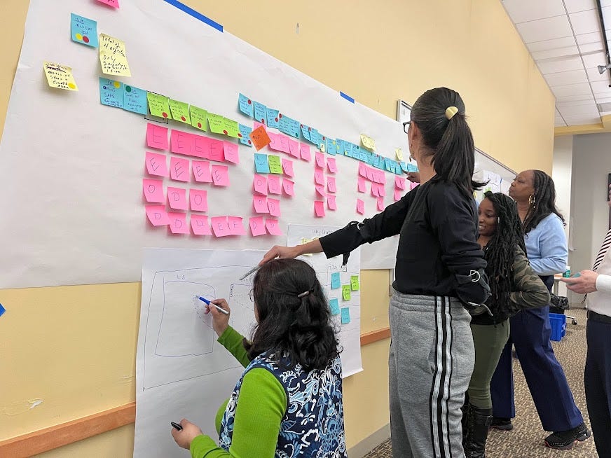 Colleagues draw on a board full of sticky notes as they practice diagramming.