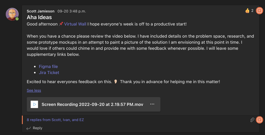 A screenshot of a team member requesting feedback in a chat channel