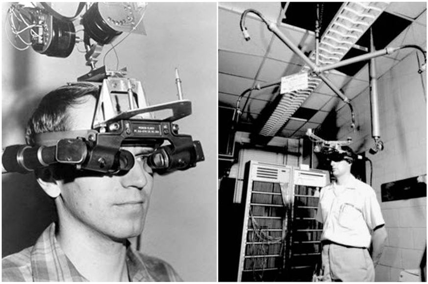 Sutherland wears the headset; it is hooked from his head to a large crossbar on the ceiling.