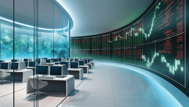 Finance office space with a wall of market data