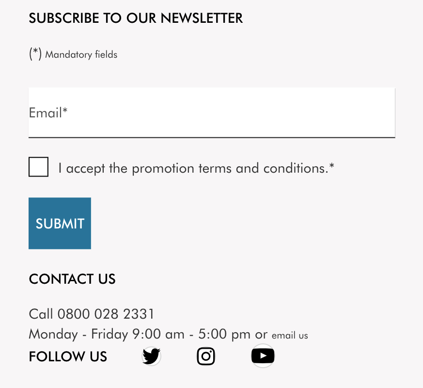 screenshot of the skinceuticals.com website showing the insert to subscribe to the website newsletter and the “pre-checked choice” nudging to accept the terms and conditions
