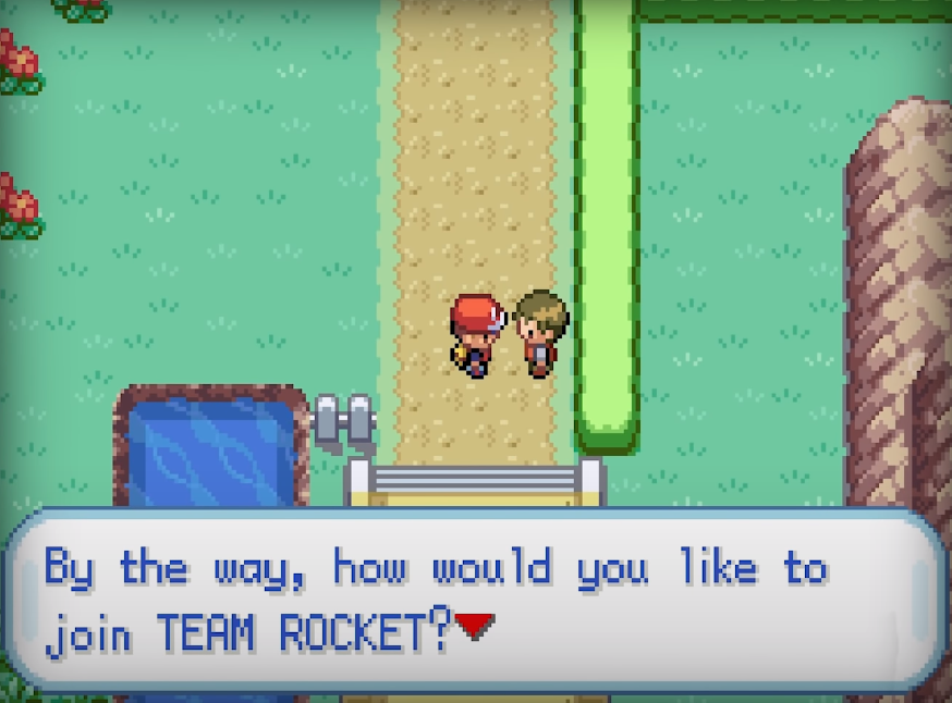 A screenshot from a Pokémon video game showing a character asking another to join their organization, Team Rocket.