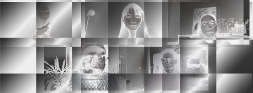 A photo of five negative grayscale faces is broken down into square panels.