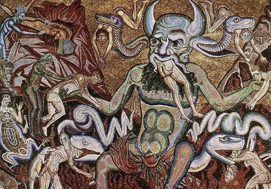 mosaic of a monster and snakes eating people