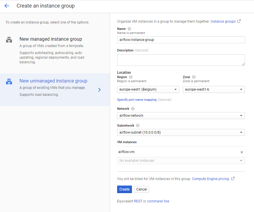 Screenshot of “Create instance group” form.