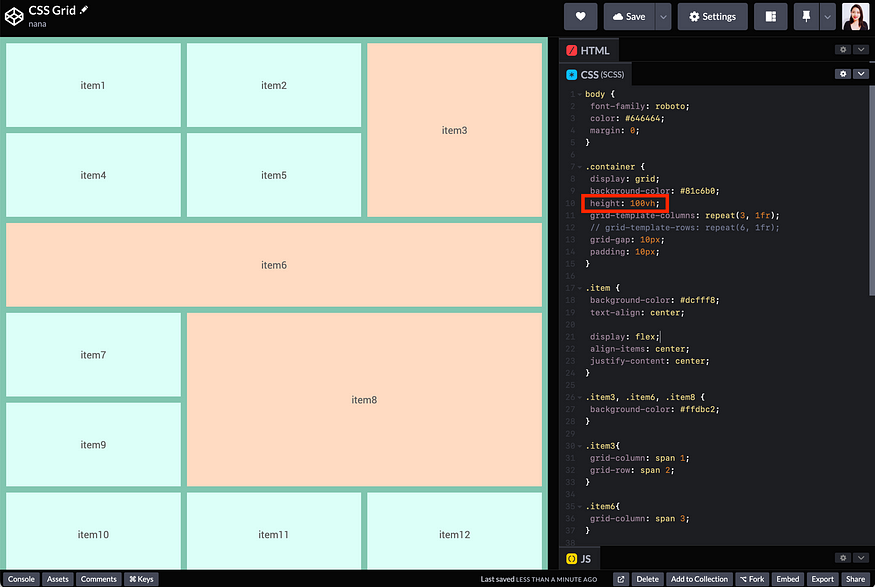 Use fr unit in the grid-templage-rows property and takes up the entire height of the screen