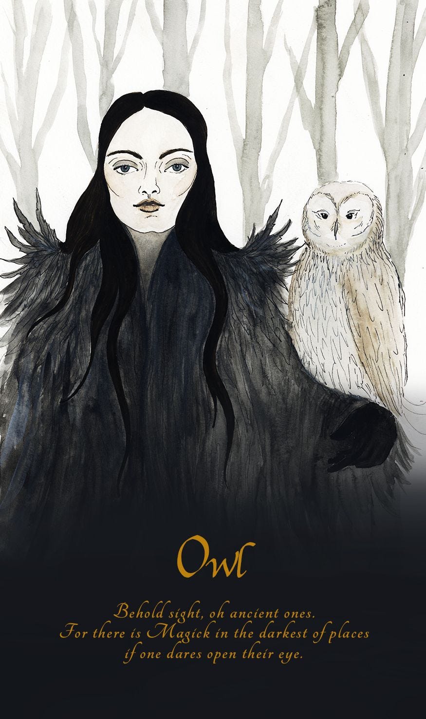 The Season of the Witch: Samhain Oracle Card depicting a white woman with long black hair and a black fur coat with a snowy white owl perched on her shoulder in a winter woods. The text at the bottom of the card says, “Behold sight, oh ancient ones. For there is magic in the darkest places if one dares to open their eyes.”