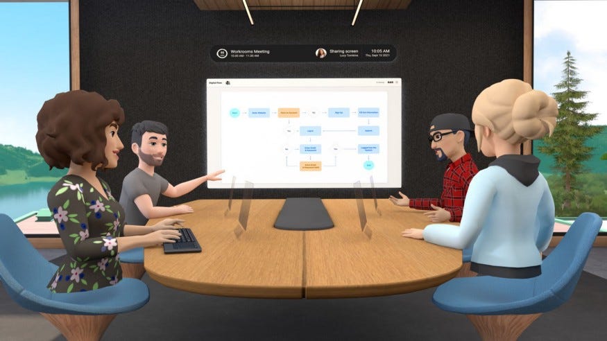 A team of 4 sharing a screen in a virtual reality meeting room