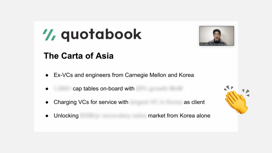 YC demo day slide of cap table management for startups and VCs Quotabook, Carta of Asia