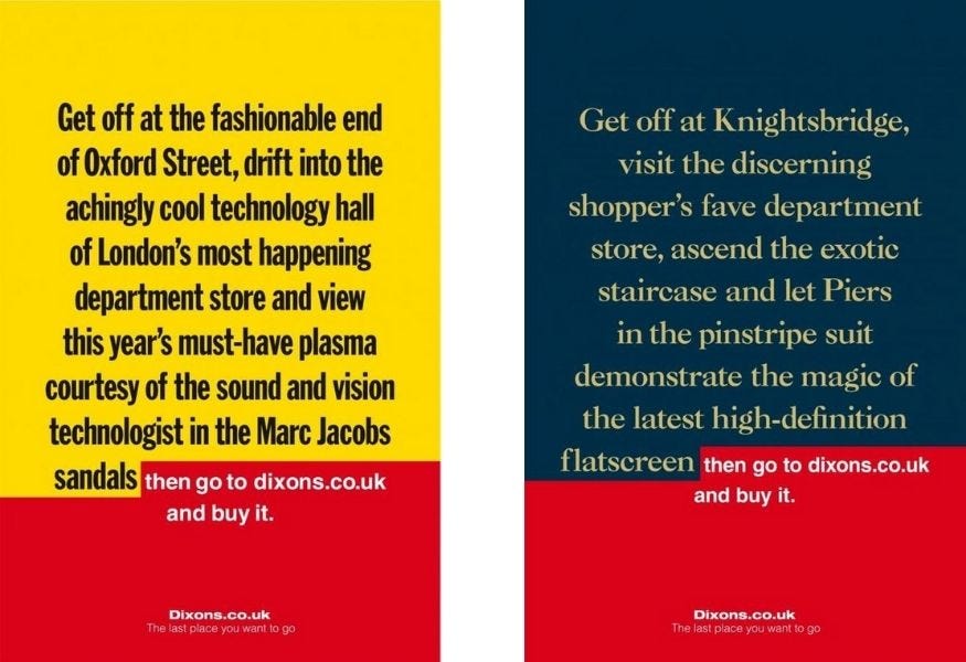 Dixons.co.uk ad campaign against Selfridges, Harrods, and John Lewis — Brand rivalry, marketing competition, advertising war.