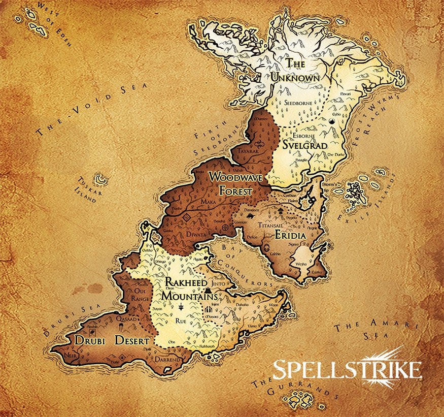 Map of the fictional world of Spellstrike.
