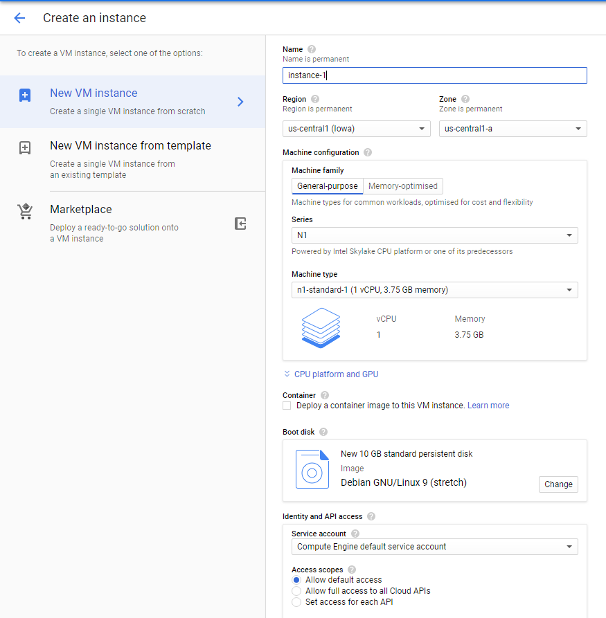 Google compute engine starting of an instance