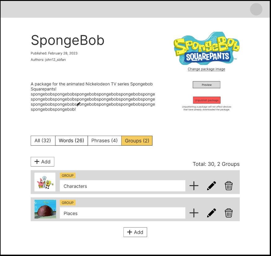 An image of the authors’ Figma prototype of their community word library creation interface for SpongeBob SquarePants. “Groups” is highlighted in yellow and shows terms categorized under it.