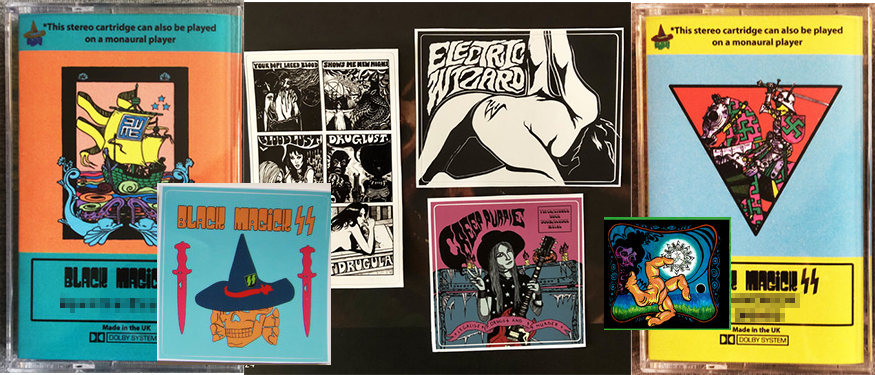 Some Electric Wizard merchandise beside more Black Magick SS merchandise. Lots of Swastikas and some SS totenkopfs.