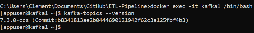 Screenshot of the command prompt response after asking for kafka’s version