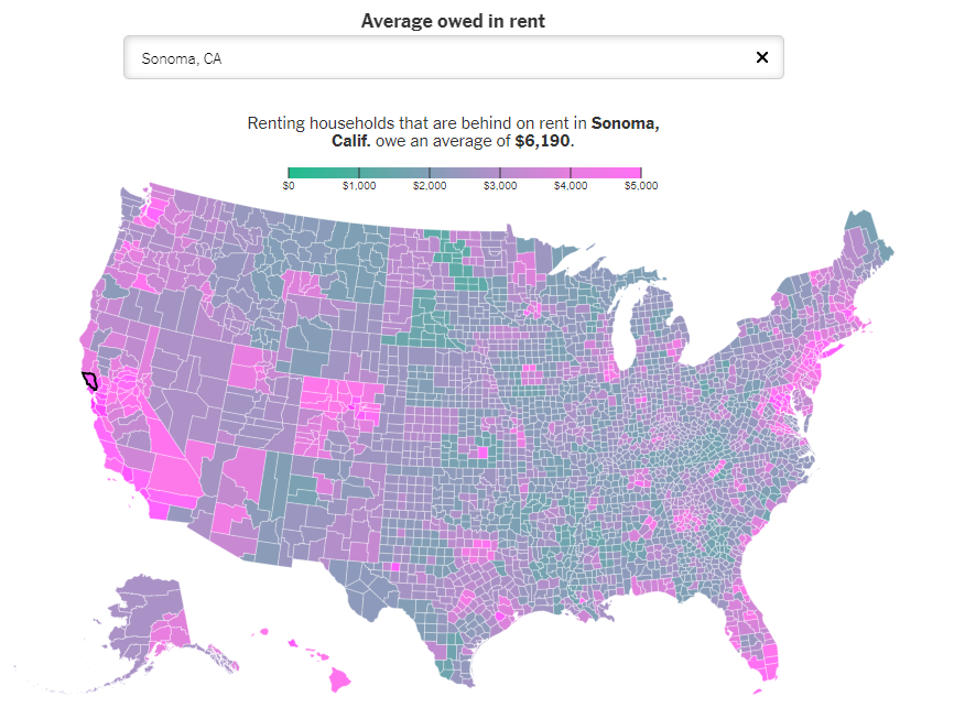 The New York Times Opinion interactive map to explore the average amount owed in rent by county.