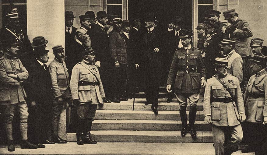 German delegates led by Mr. Brockdorff-Rantzau leaving the house where the Peace Treaty was handed to them in Versailles, 1919.